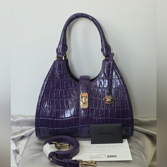 Brahmin Handbags - Brahmin Purple Croc-Embossed Leather Satchel